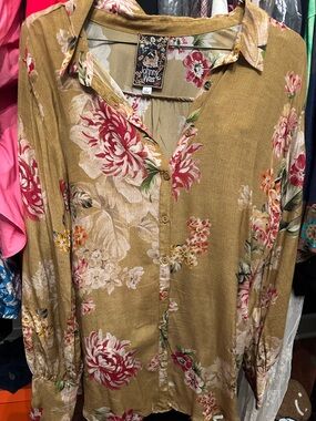 Johnny Was Mustard Floral Button-Up Shirt with Pink Blooms